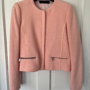 Zara Blush Pink Collarless Tweed Blazer with Zip Pockets